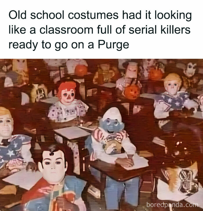 1980s kids in creepy costumes resembling dolls and characters, sitting in a classroom setting.