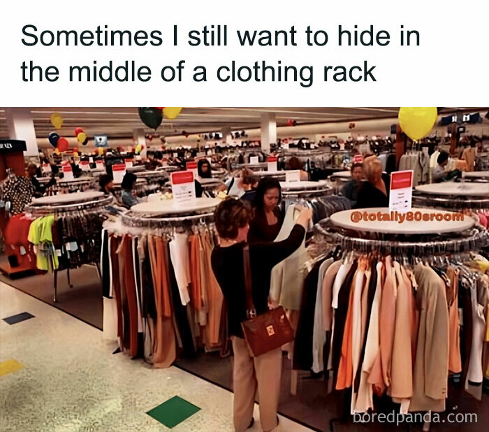 '80s meme with shoppers in a crowded clothing store, evoking playful nostalgia.