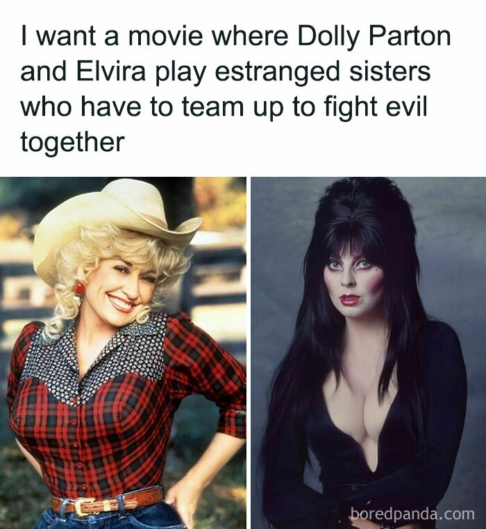 Two iconic women from the '80s, one in a plaid shirt and cowboy hat, the other in a gothic outfit, with humorous text above.