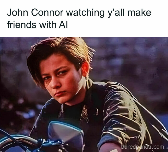 80s memes humor with a young boy leaning on a motorcycle, captioned about making friends with AI.