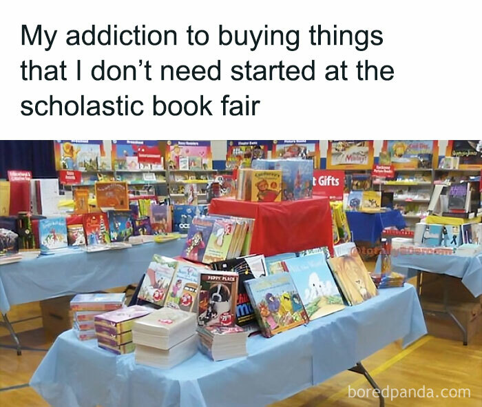 '80s meme about buying unnecessary items at a book fair, showing tables filled with colorful books.