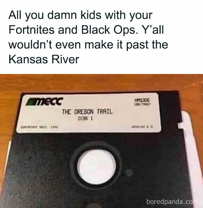 Floppy disk of The Oregon Trail game with meme about '80s kids and video games, humorous nostalgia for Gen X and Millennials.