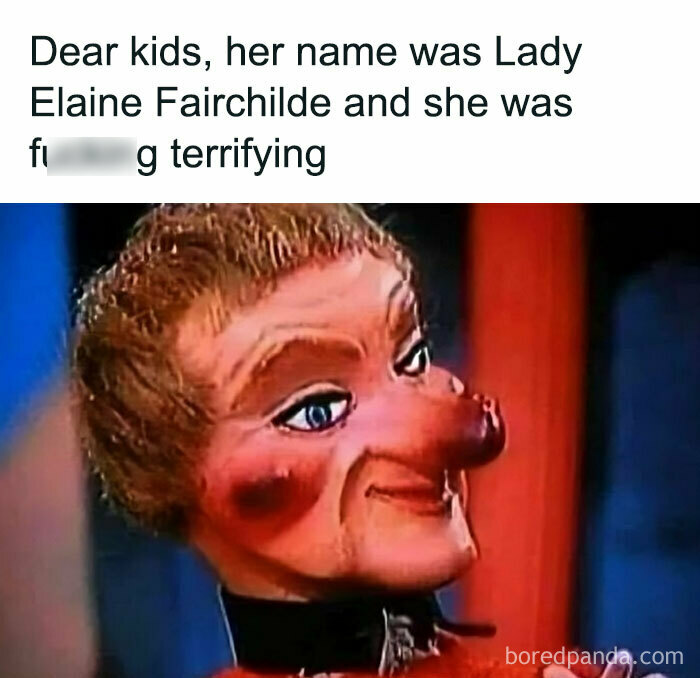 80s meme featuring Lady Elaine Fairchilde puppet with humorous text about her being terrifying to kids.