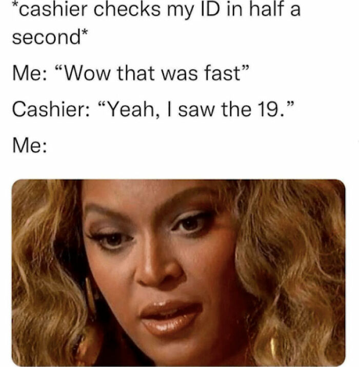 Cashier sees ID quickly, highlights "19." Reaction image, part of funny '80s memes relatable to Gen X and Millennials.