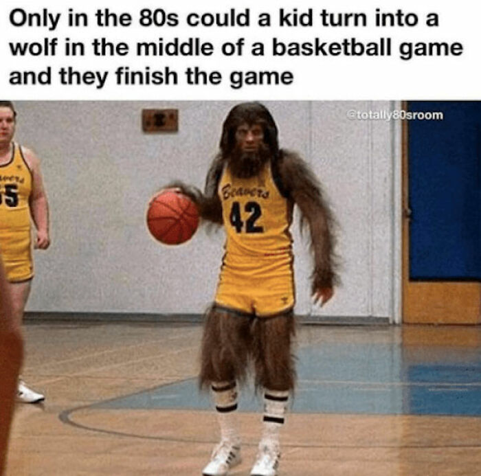 80s meme of a kid in a werewolf costume playing basketball, wearing a yellow jersey and holding a ball.