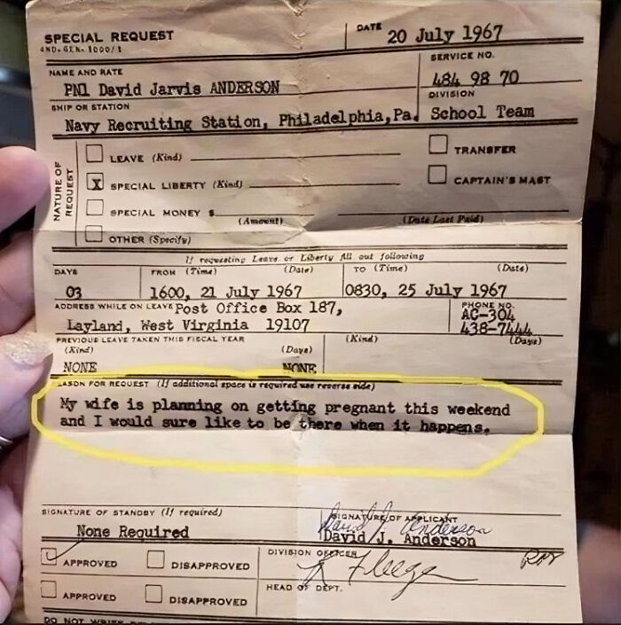 A Seaman's Request For An Extraordinary Leave Of Absence, 1967. Reason: “My Wife Is Planning To Get Pregnant This Weekend And I Would Like To Be Present.”
