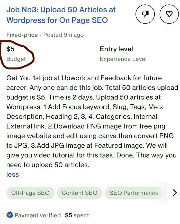 Job On Upwork. $5 To Post 50 Articles. 10c Per Article