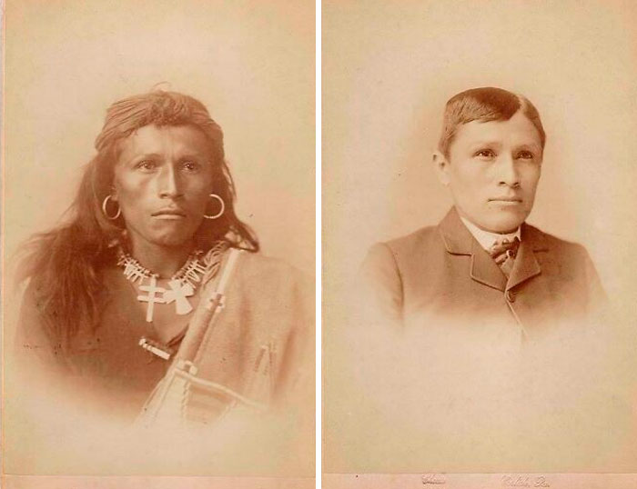 El joven navajo Tom Torlino al entrar en la escuela industrial en 1882, y 3 años después