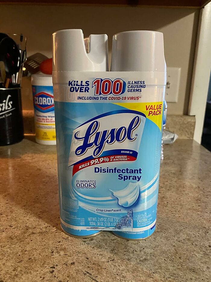 Lysol disinfectant spray on a kitchen counter, ideal for deep cleaning your home.