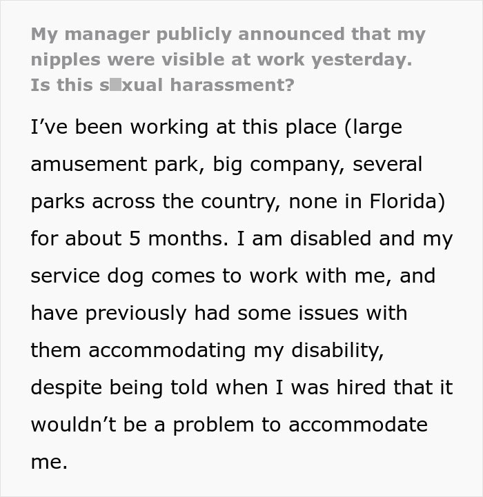 Woman Feels She Is Being Targeted At Work For Being Disabled When Manager Makes Fuss About Her Bra 