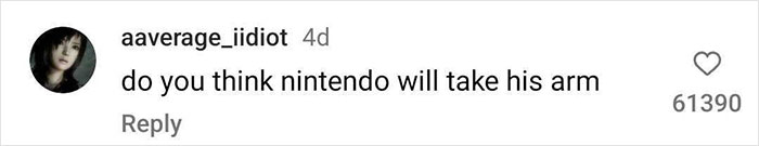 Comment joking about a viral Mario tattoo and losing an arm, with high likes.