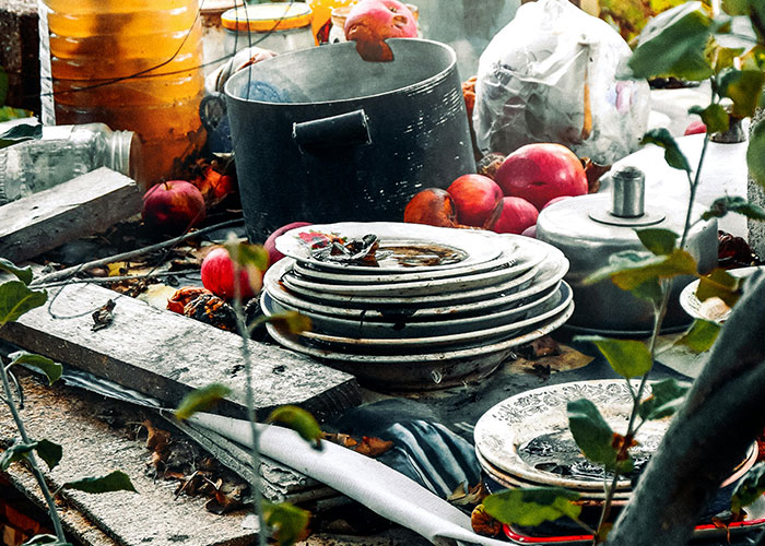 Stack of dirty dishes, pots, and scattered fruit outdoors, showing shocking living conditions others experience.
