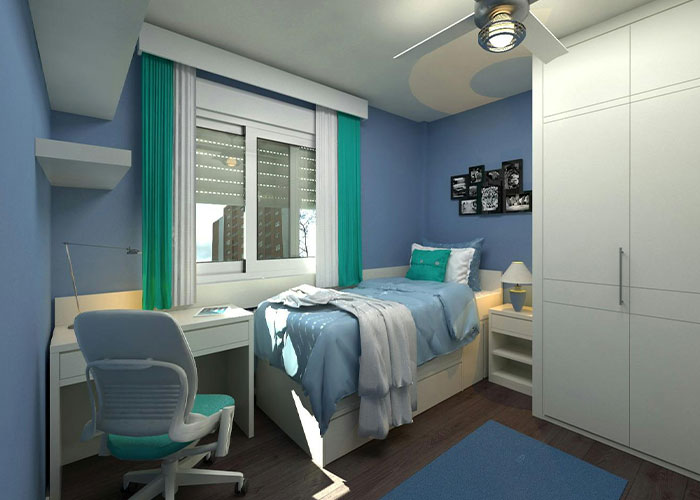 Cozy modern bedroom with blue walls, teal accents, and natural light showcasing how others live spaces.