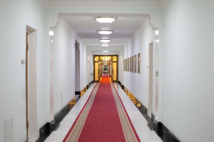 Long hallway in a luxury resort with red carpet and bright lights, hinting at hidden employee secrets inside the premises.