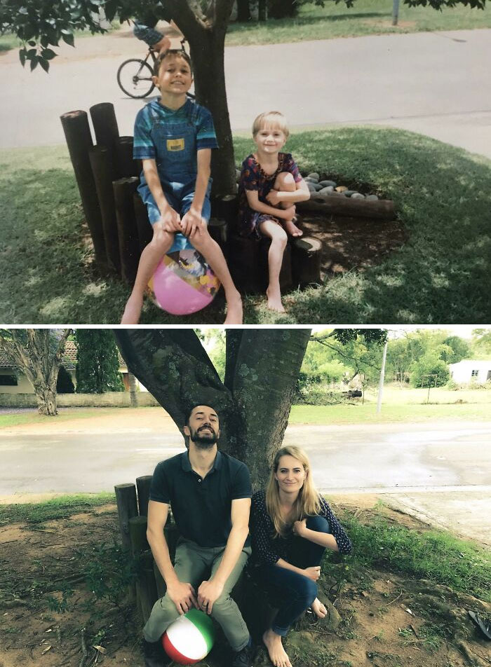 22 Years Difference. We Were Visiting Our Old Hometown And Noticed These Poles Were Still In Front Of Our Childhood Home. The Tree Grew Up Good Too