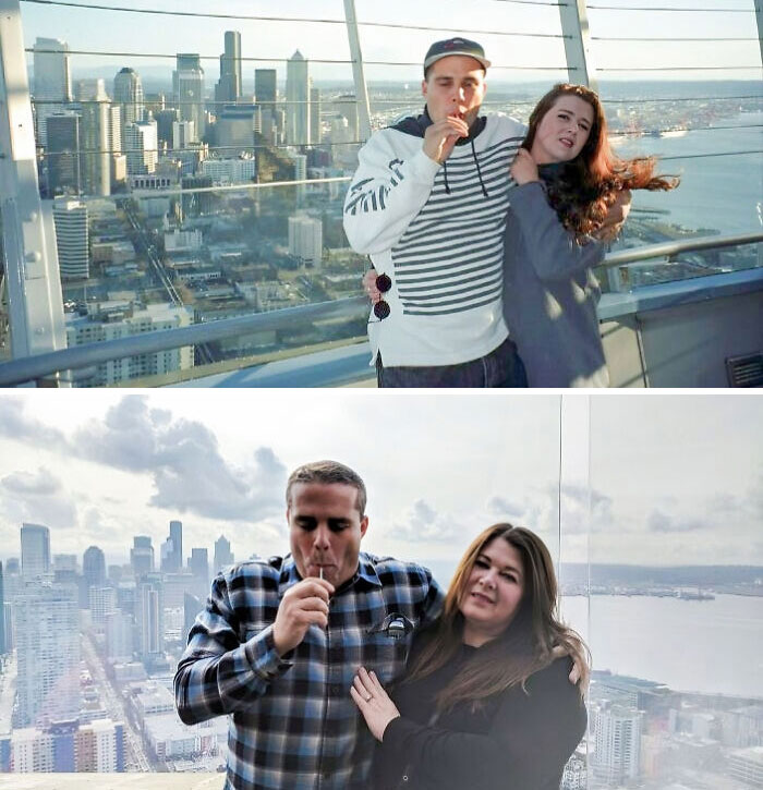 My Wife And I Recreating Our Picture Atop The Seattle Space Needle 25 Years Apart (1994 - 2019)