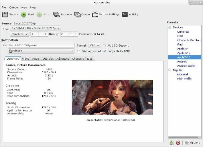 HandBrake software interface showing video conversion settings and animated video thumbnail.