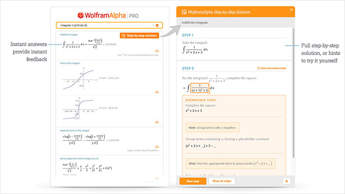 Free software WolframAlpha showing instant answers and step-by-step solutions for integrals.