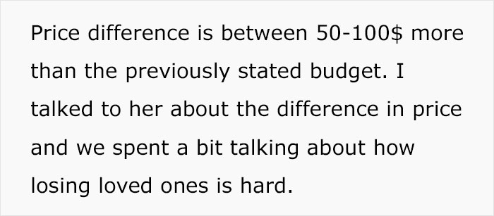 Text discussing price difference of 50-100 dollars more than the budget for a memorial tattoo, highlighting cost concerns. Text discussing price difference of 50-100 dollars more than the budget for a memorial tattoo, highlighting cost concerns.