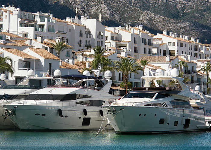 Luxury yachts docked at marina with waterfront villas and palm trees, showcasing wildest things rich can purchase.