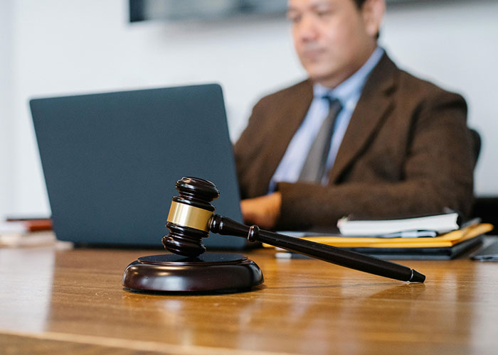 Gavel on wooden table with man in suit working on laptop, illustrating wild things rich can purchase concept.