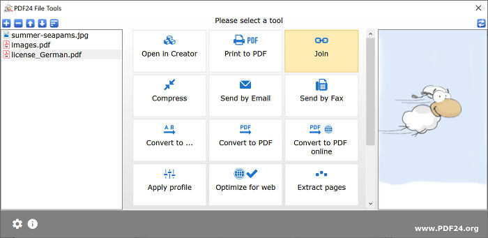 Free software PDF24 interface showing tools for file conversion and editing.