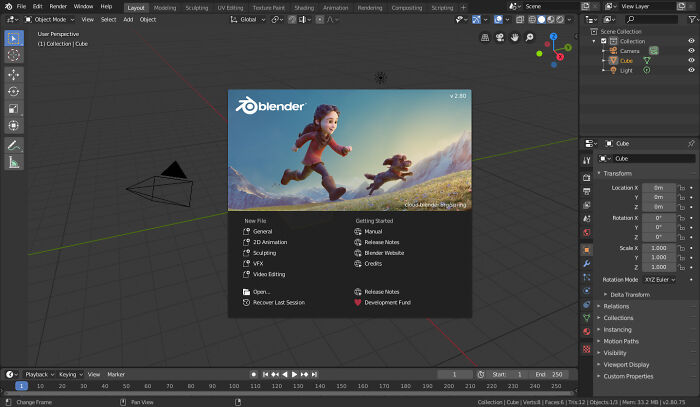 Blender interface showcasing open project, a free software for 3D animation and modeling.