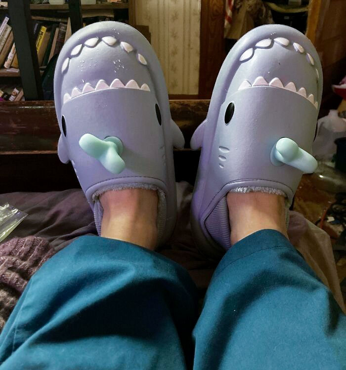 Person wearing cute shark slippers at a veterinarian's office, showcasing hilarious and wholesome moments.