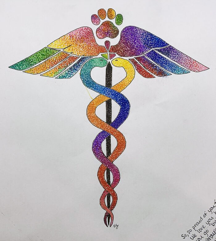 Colorful caduceus with a paw print symbol, representing veterinary care.