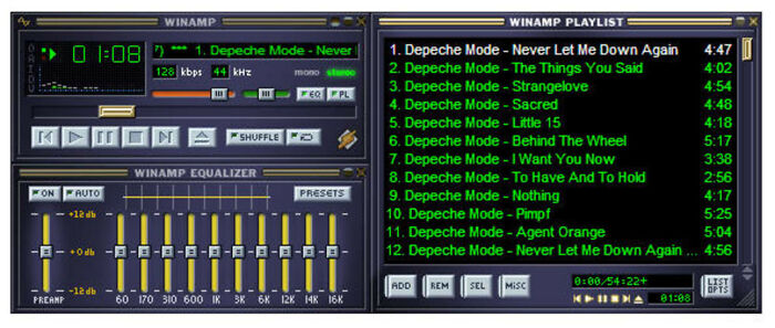 Winamp interface showing Depeche Mode playlist, exemplifying free software excellence.