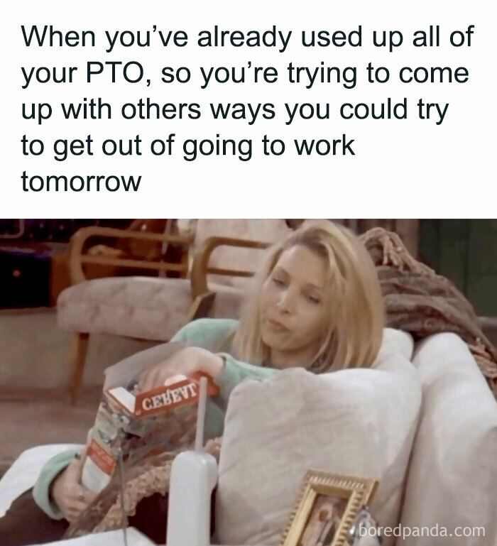 Woman on a couch reading a cereal box, embodying a funny work meme about running out of PTO ideas.