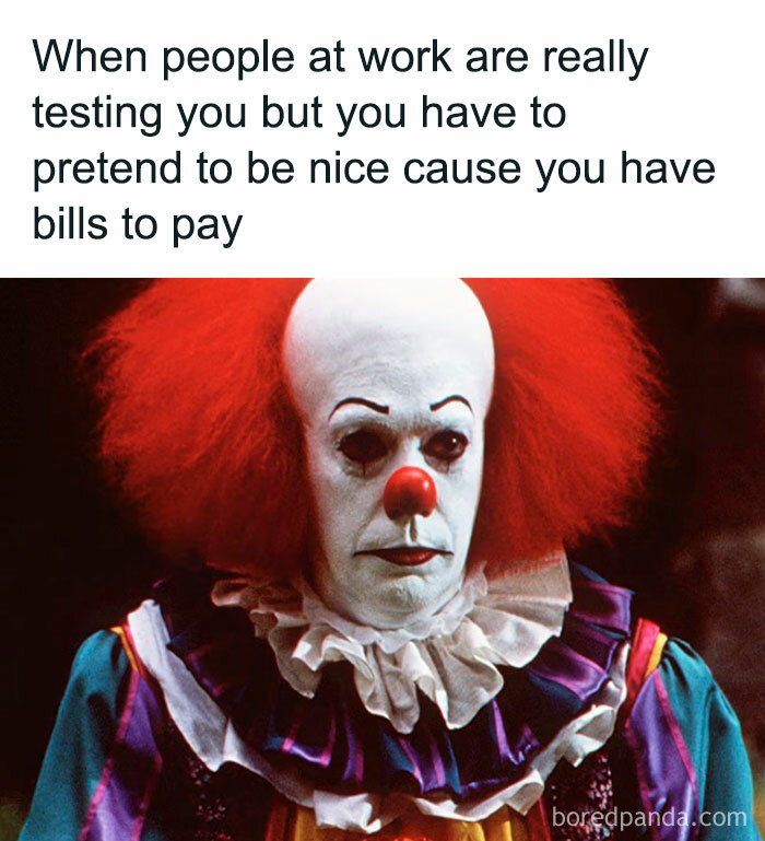 Clown with red hair illustrating funny work memes about dealing with coworkers.