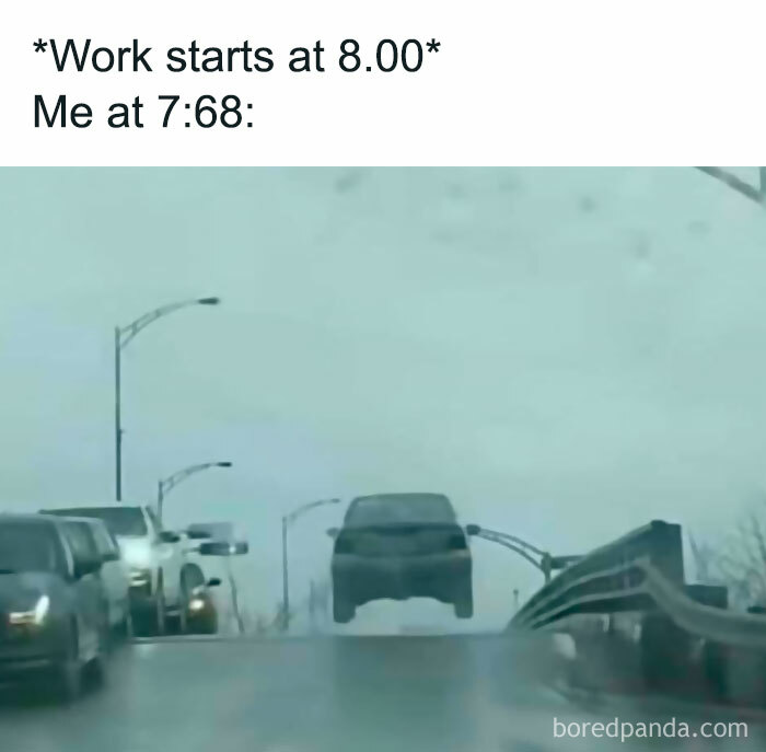 A funny work meme featuring a car seemingly flying off a highway ramp.