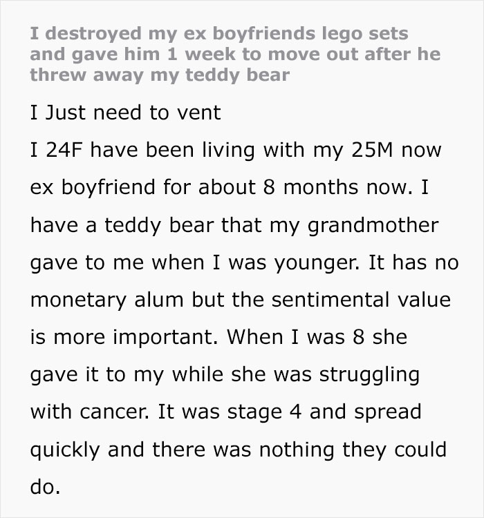 Guy Can&rsquo;t Believe His GF Destroyed His LEGO Collection After He Threw Out Her Teddy Bear