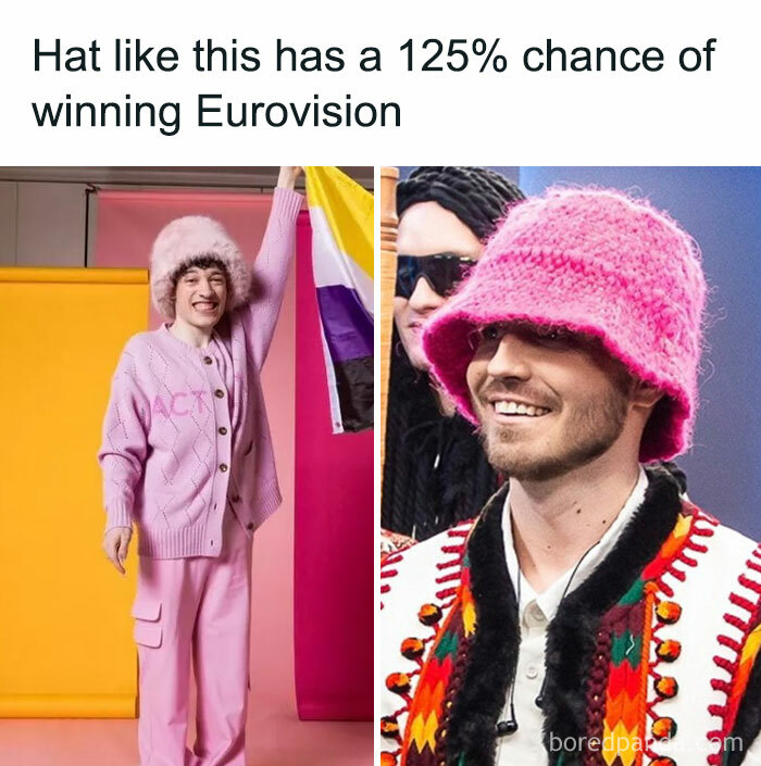 Pink hats humorously predicted to win the Eurovision Song Contest 2024.