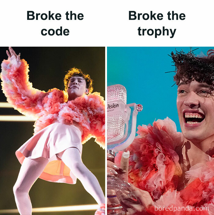 Performer in a pink outfit at Eurovision 2024 with a broken trophy, humorously captioned about breaking the code.