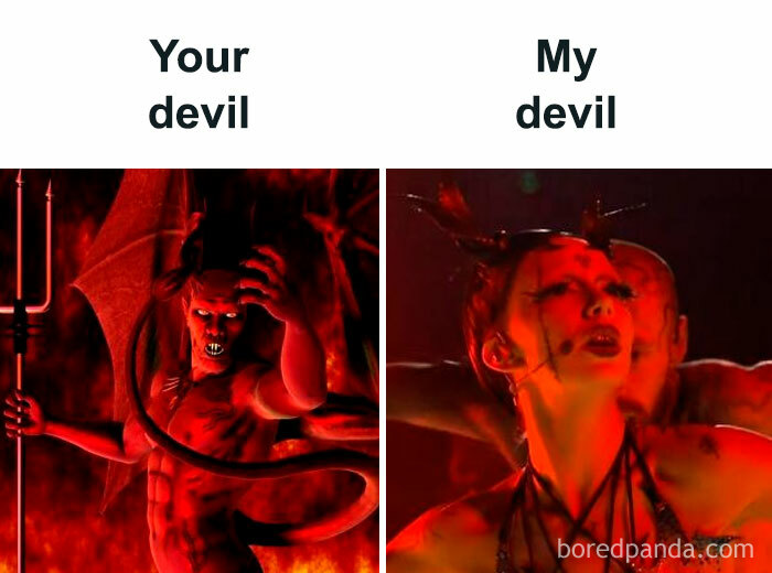 A playful meme comparing traditional devil with Eurovision Song Contest 2024 performance.