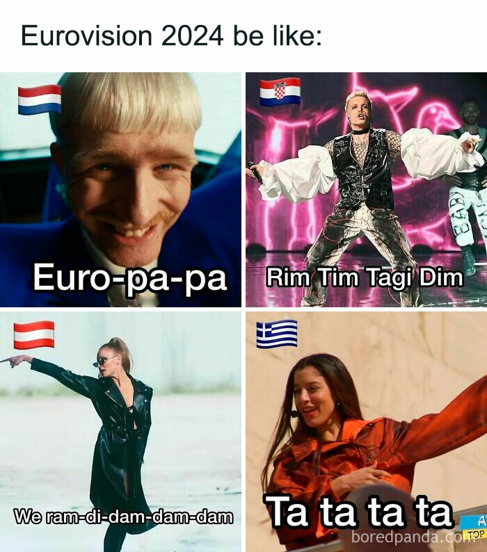 Eurovision 2024 memes with humorous captions and national flags in a four-panel layout.