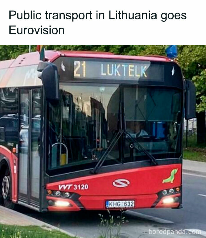 Lithuanian bus displays Eurovision-themed route sign, adding humor to public transport.