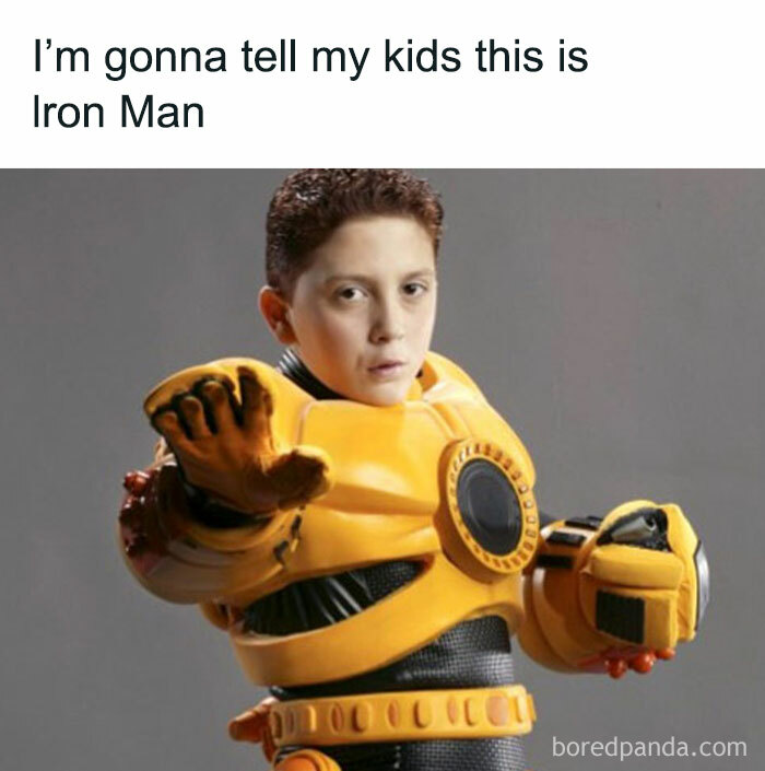 Child dressed in a yellow superhero costume in a funny movie meme that hits harder than some films.