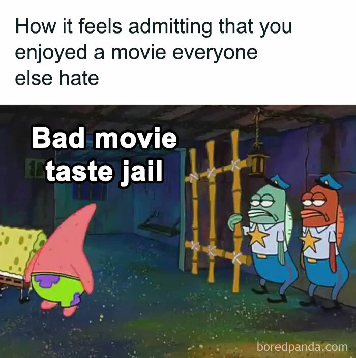 Funny movie meme showing a character walking into bad movie taste jail guarded by two officers in a cartoon scene.