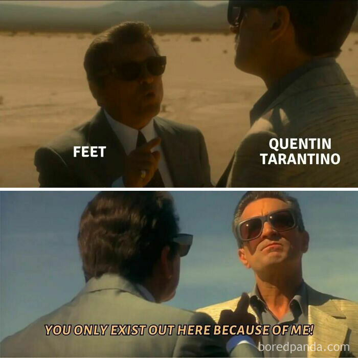 Two men wearing sunglasses in a desert scene making a funny movie meme about Quentin Tarantino and feet.