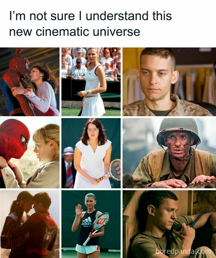 Collage of funny movie memes featuring Spider-Man, tennis scenes, and soldiers illustrating new cinematic universe confusion.