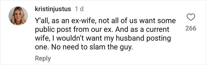 Comment discussing Chris Pratt&rsquo;s Mother&rsquo;s Day post, mentioning views on public posts by ex-wives.