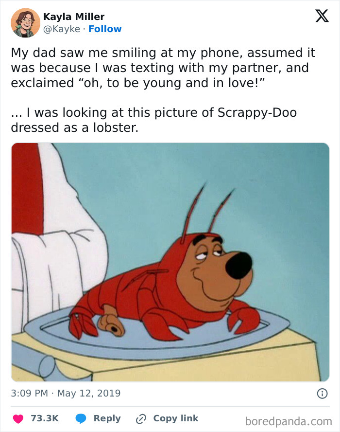 Funny family meme showing Scrappy-Doo dressed as a lobster on a plate, highlighting humorous family moments.