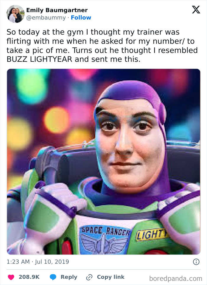 Face edited onto Buzz Lightyear's body, caption humorously explaining a mistaken resemblance to the character.