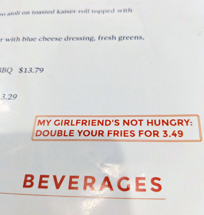 Menu detail showing a creative offer to double fries for 3.49 at bars and restaurants with brilliant ideas.