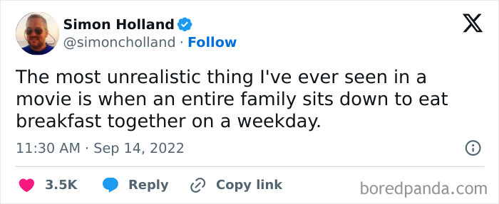Tweet humorously comments on unrealistic family breakfasts in movies.