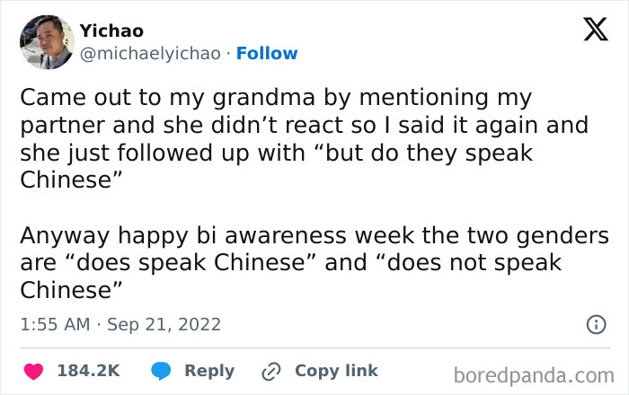 For All The Folks Asking: He Does Not Speak Chinese, And When I Told My Grandma She Said "Ah I Guess You'll Have To Continue Being The Family Translator Then" 
