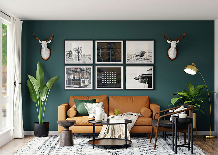 Modern living room with brown sofa, green walls, decorative wall art, and plants illustrating strange childhood realities.